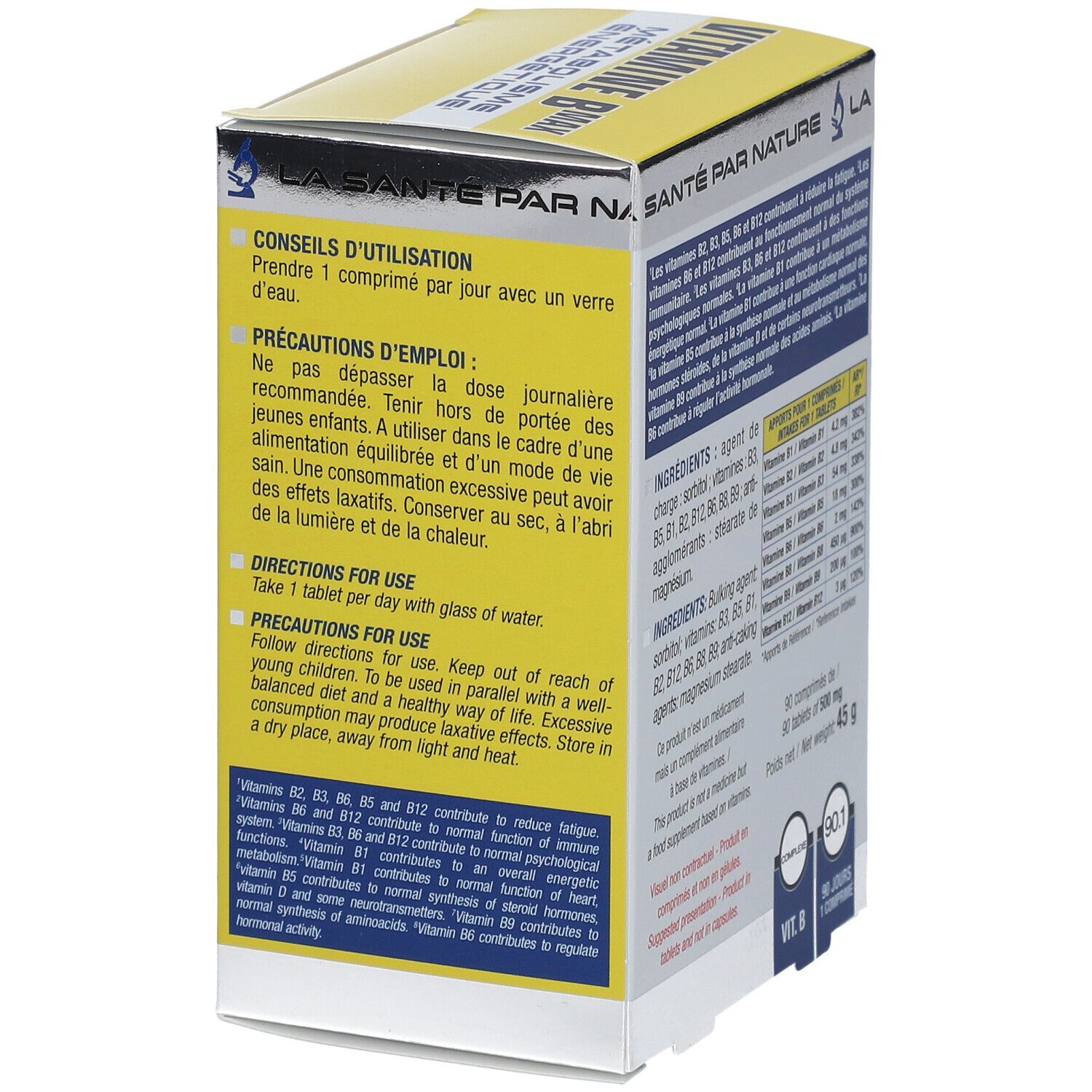 Boîte jaune, "VITAMINE B MAX". Texte : conseils d'utilisation, précautions d'emploi. 90 comprimés, 500mg. Poids : 45g.