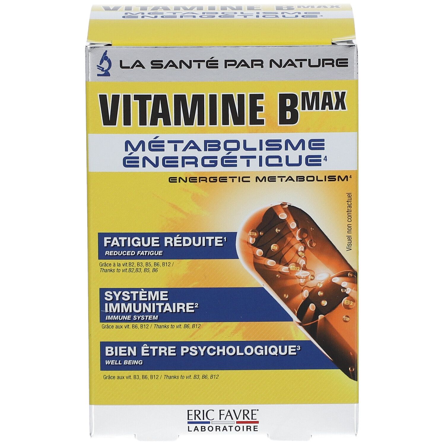 Boîte jaune, "VITAMINE B MAX". Texte : "FATIGUE RÉDUITE", "SYSTÈME IMMUNITAIRE", "BIEN ÊTRE PSYCHOLOGIQUE". Image capsule.