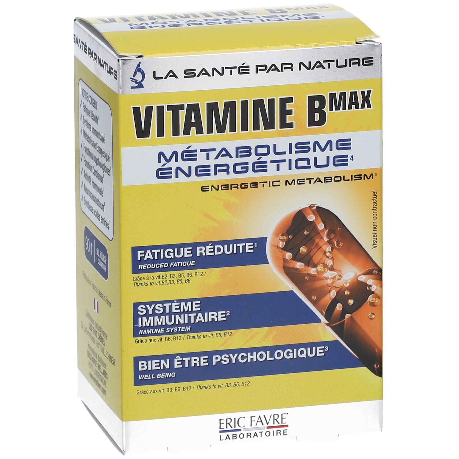 Boîte jaune, "VITAMINE B MAX". Texte : "FATIGUE RÉDUITE", "SYSTÈME IMMUNITAIRE", "BIEN ÊTRE PSYCHOLOGIQUE".