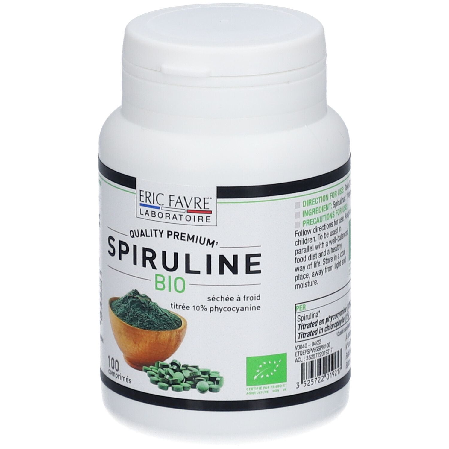 Flacon blanc "ERIC FAVRE Spiruline Bio". 100 comprimés. Poudre verte dans un bol, comprimés verts à côté.