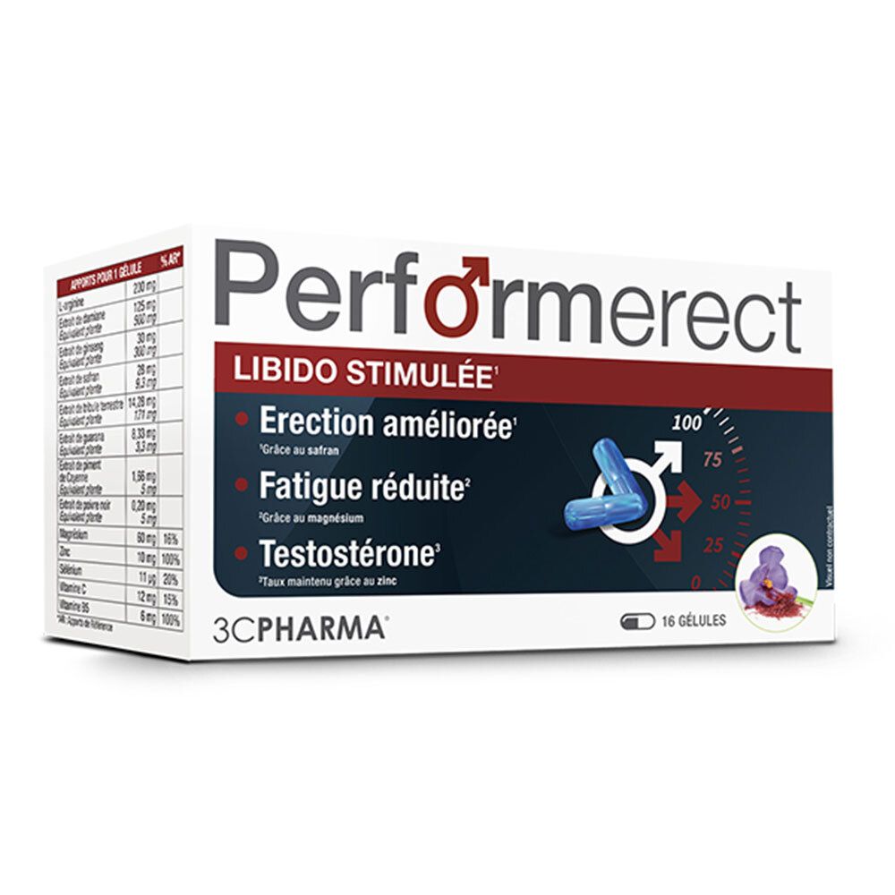 Boîte de Performerect. Contient 16 gélules. Inscriptions : Libido stimulée, Érection améliorée, Fatigue réduite, Testostérone. Marque 3C Pharma.