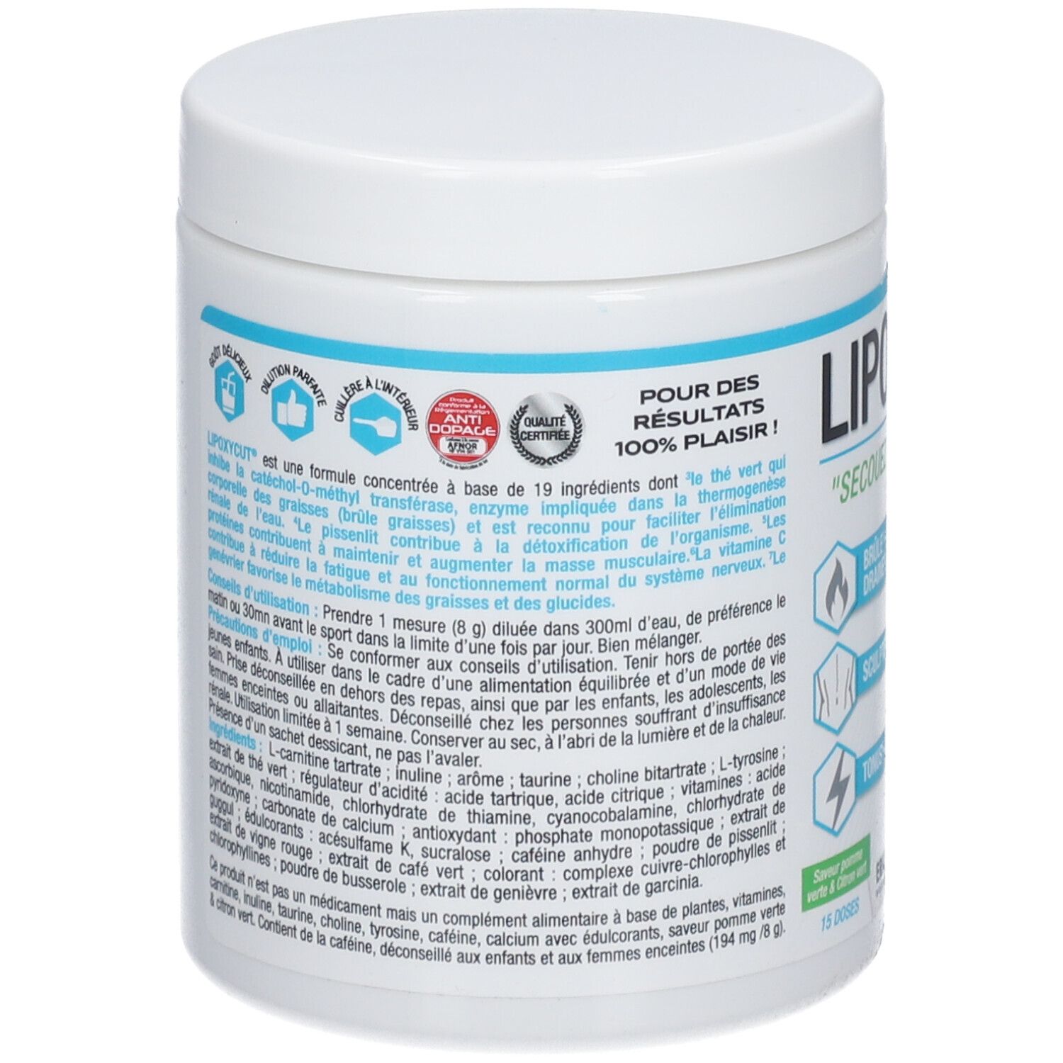 Dos du pot blanc. Texte bleu. Formule "LIPOXYCUT". 19 ingrédients. Labels de qualité. Certification Vegan. Liste des ingrédients.
