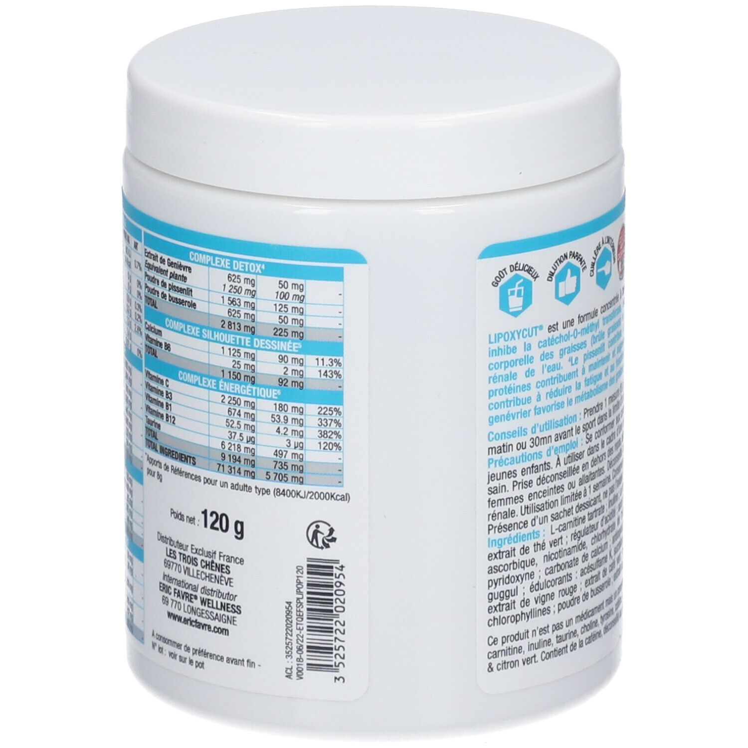 Dos du pot blanc. Informations nutritionnelles et ingrédients. 120g. Informations fabricant. Labels de qualité.