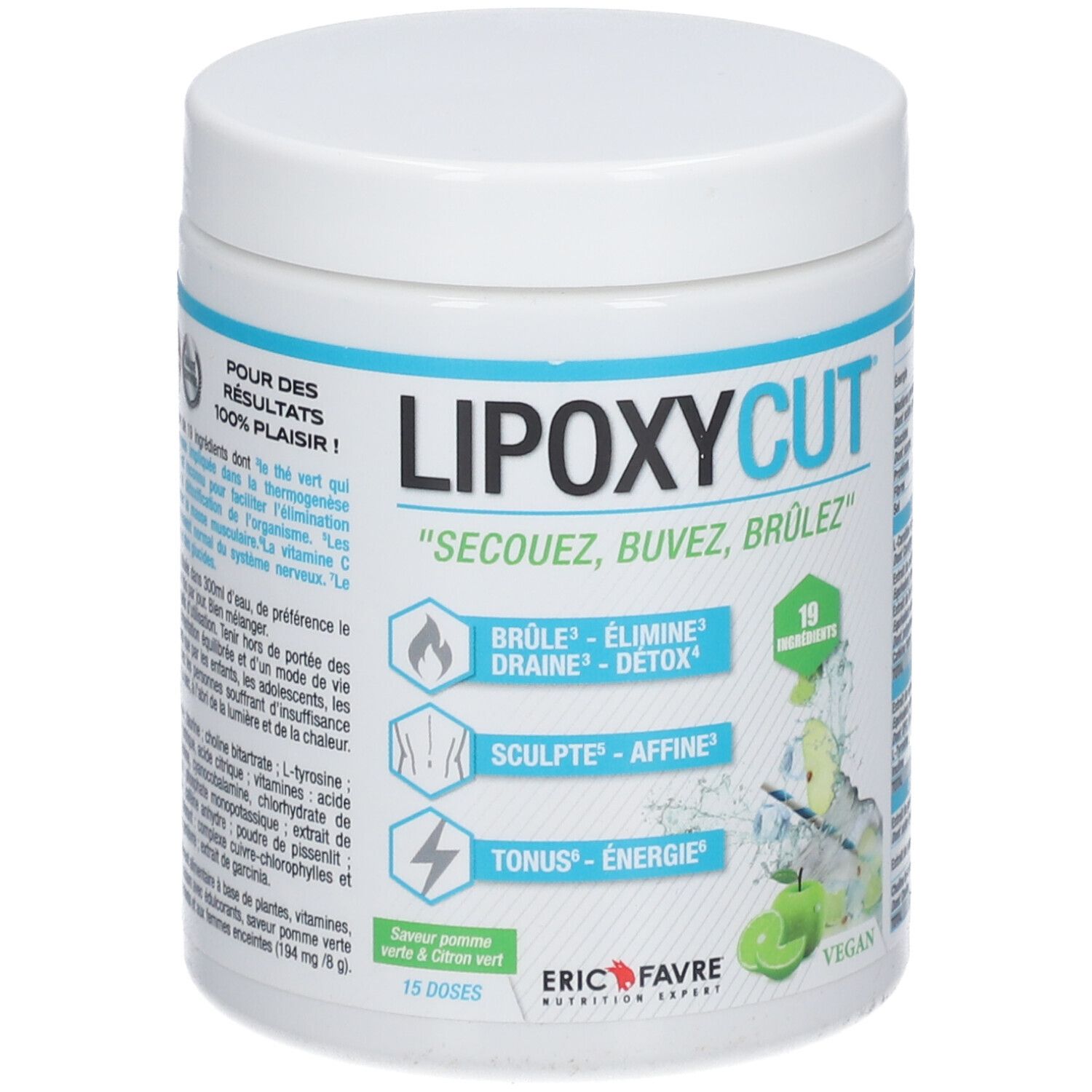 Pot blanc avec texte bleu et vert. Logo "LIPOXYCUT". Goût "Pomme verte & Citron vert". Certification Vegan. 15 doses.