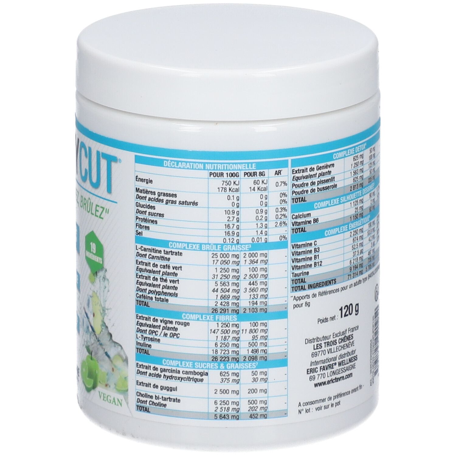 Dos du pot blanc. Informations nutritionnelles et ingrédients. 120g. Informations fabricant. Labels de qualité.