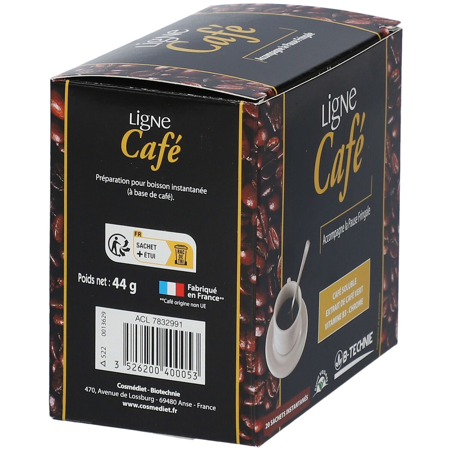 Boîte "Ligne Café". Dos avec informations nutritionnelles et ingrédients. 44g. Fabriqué en France. Code-barres.