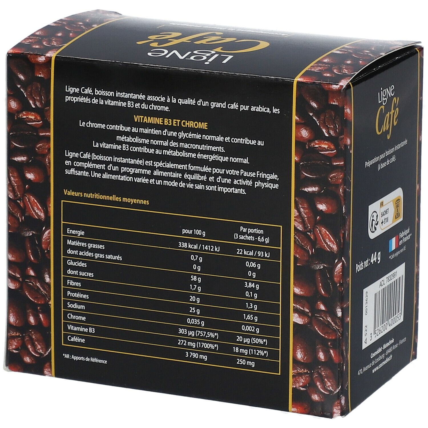 Dos de la boîte "Ligne Café". Informations nutritionnelles et ingrédients. Contient vitamine B3 et chrome.