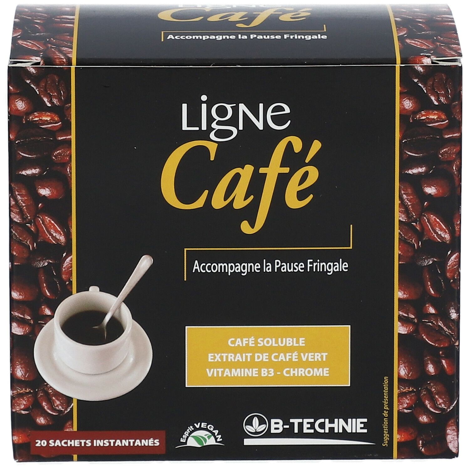 Boîte "Ligne Café". Fond noir avec grains de café. Contient 20 sachets instantanés. Logo B-TECHNIE.