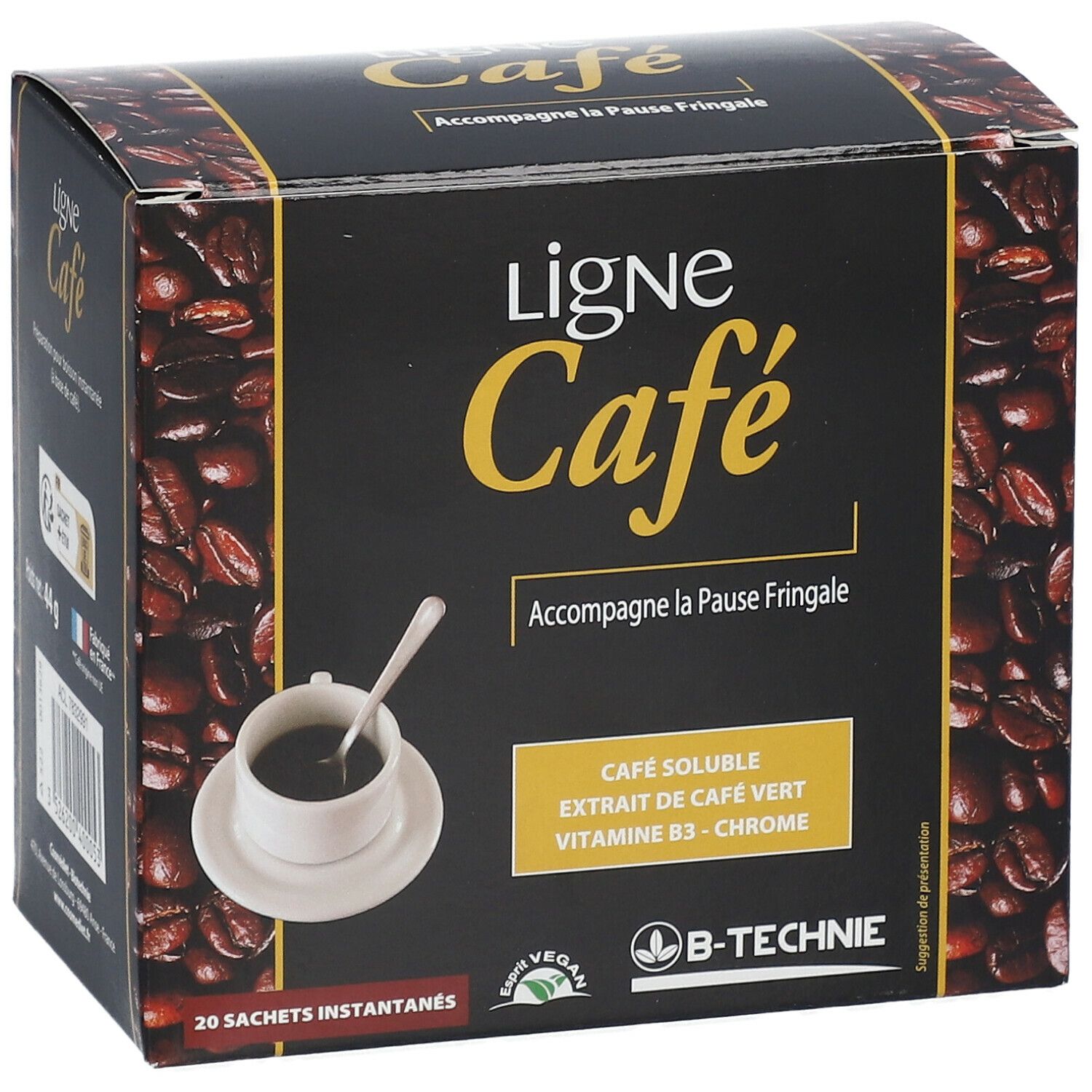 Boîte "Ligne Café". Fond noir avec grains de café. Contient 20 sachets instantanés. Logo B-TECHNIE.