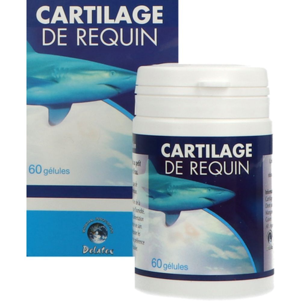 Produktverpackung mit Flasche und Schachtel. „Cartilage de Requin“. 60 Kapseln. Hai-Illustration.