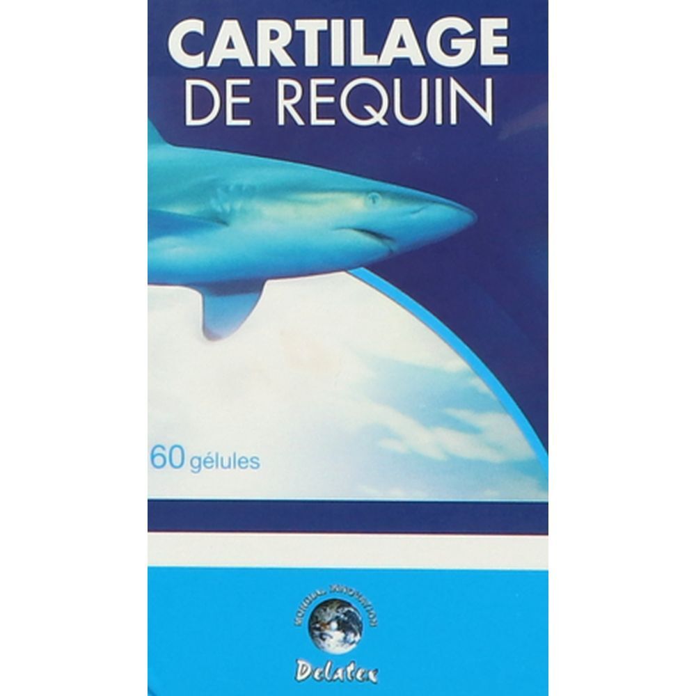 Blaue Schachtel mit „Cartilage de Requin“. 60 Kapseln. Hai-Illustration. Marke Delatex.