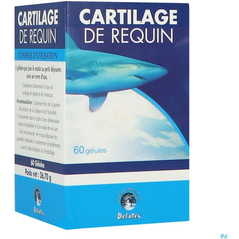 Produktverpackung mit Text und Hai-Illustration. „Cartilage de Requin“. 60 Kapseln. Marke Delatex.