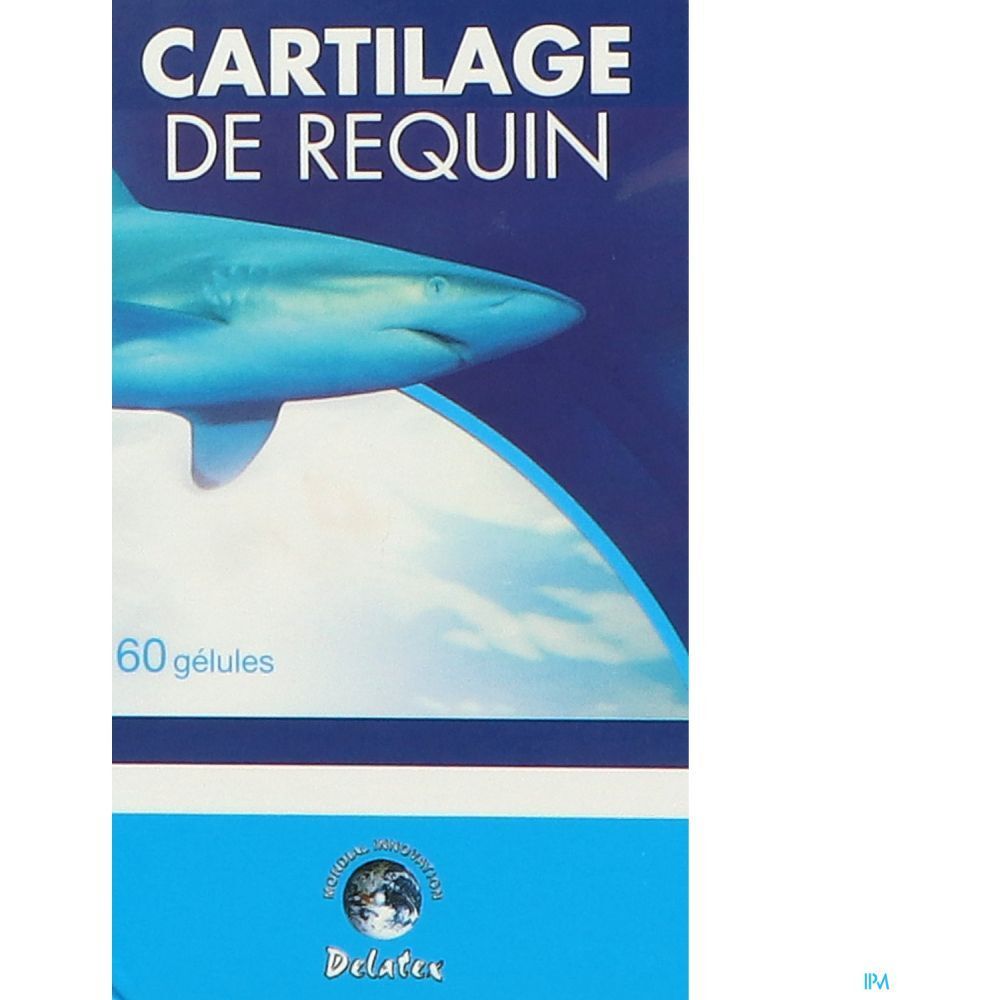 Blaue Schachtel mit „Cartilage de Requin“. 60 Kapseln. Hai-Illustration. Marke Delatex.