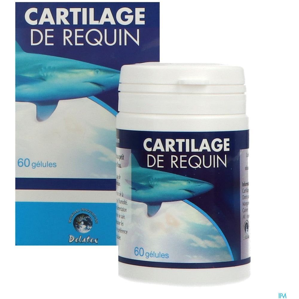 Produktverpackung mit Flasche und Schachtel. „Cartilage de Requin“. 60 Kapseln. Hai-Illustration.