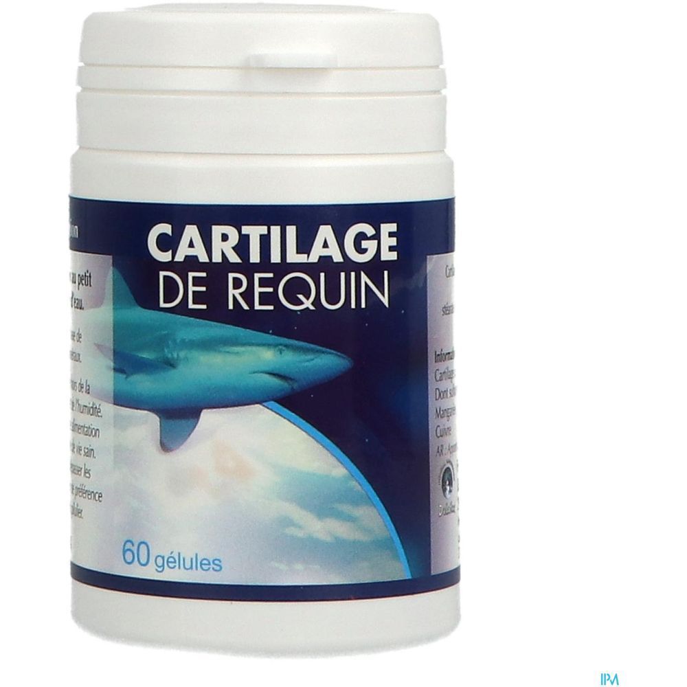 Weiße Flasche mit blauer Aufschrift „Cartilage de Requin“. 60 Kapseln. Hai-Illustration.