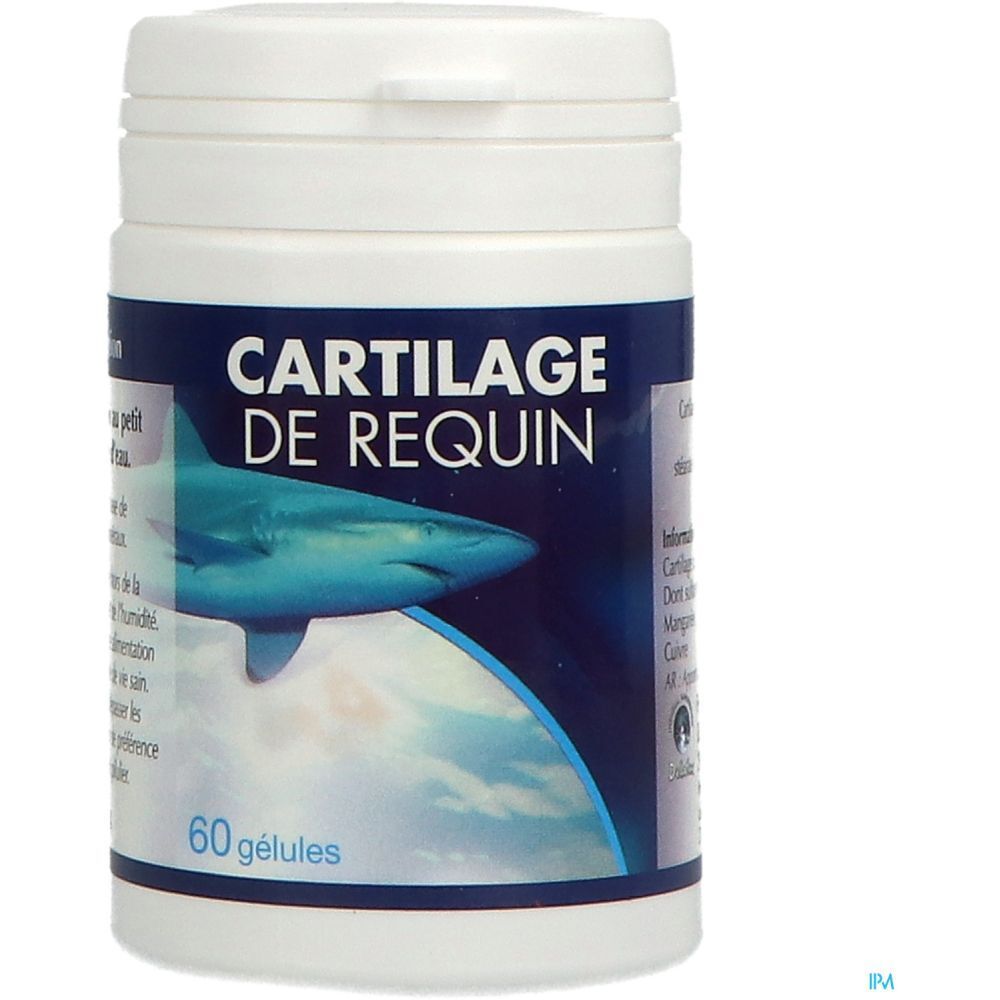 Weiße Flasche mit blauer Aufschrift „Cartilage de Requin“. 60 Kapseln. Hai-Illustration.