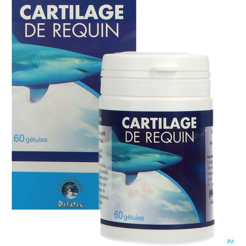 Produktverpackung mit Flasche und Schachtel. „Cartilage de Requin“. 60 Kapseln. Hai-Illustration.