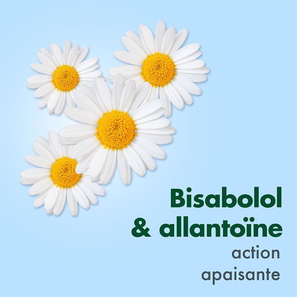 Gros plan sur quatre marguerites. Texte: Bisabolol & allantoïne, action apaisante.