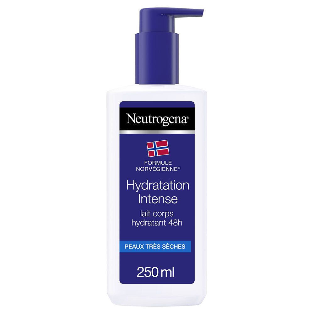 Neutrogena® Lait corps hydratant intense. Flacon blanc avec pompe bleue. Étiquette bleue avec informations produit et drapeau norvégien.