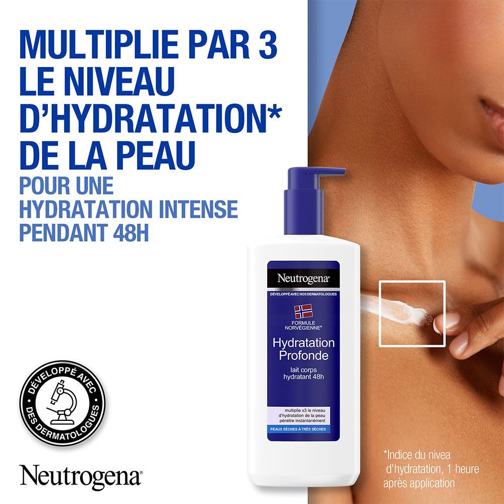 Produit et application. Flacon Neutrogena® à côté d'un bras. Texte: 'Hydratation Profonde'. Texte: 'Développé avec des dermatologues'.