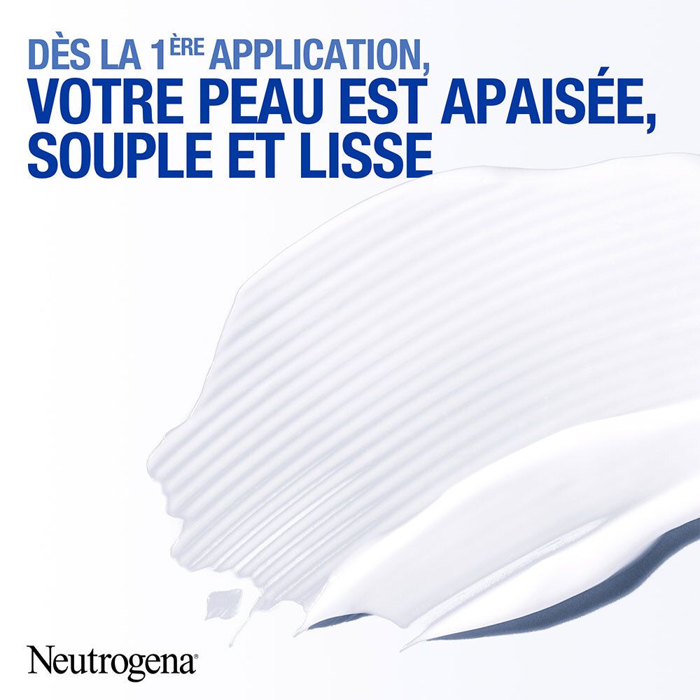 Crème appliquée sur la peau. Texte: 'Dès la 1ère application, votre peau est apaisée, souple et lisse'.
