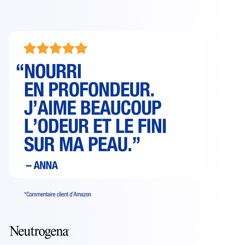 Texte: 'Nourrit en profondeur. J'aime beaucoup l'odeur et le fini sur ma peau'. Citation d'Anna.
