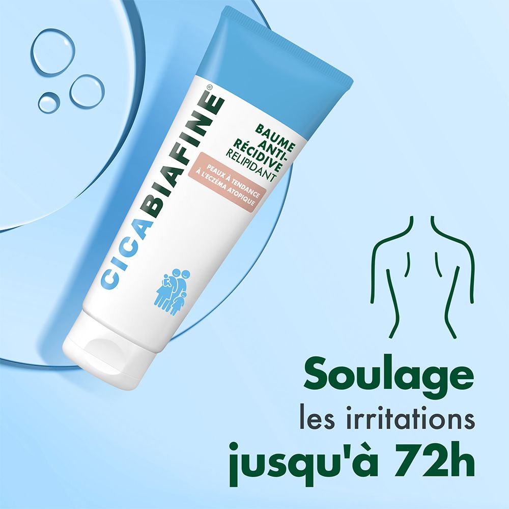 Tube CicaBiafine, bouchon bleu. Texte : Baume anti-récidive, Peaux à tendance à l'eczéma atopique. Soulage les irritations jusqu'à 72h.