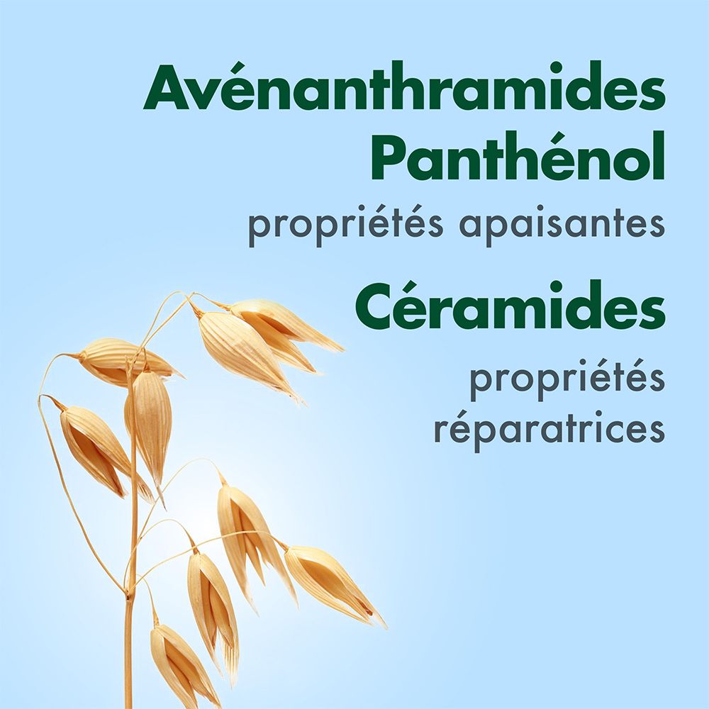 Texte : Avénanthramides, Panthénol, Céramides. Propriétés : apaisantes, réparatrices. Image : épis de blé.