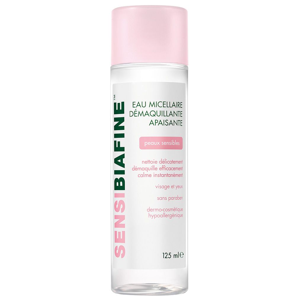 Flacon de SensiBiafine. Eau micellaire démaquillante apaisante, pour peaux sensibles. Bouchon rose. Contenance 125 ml.