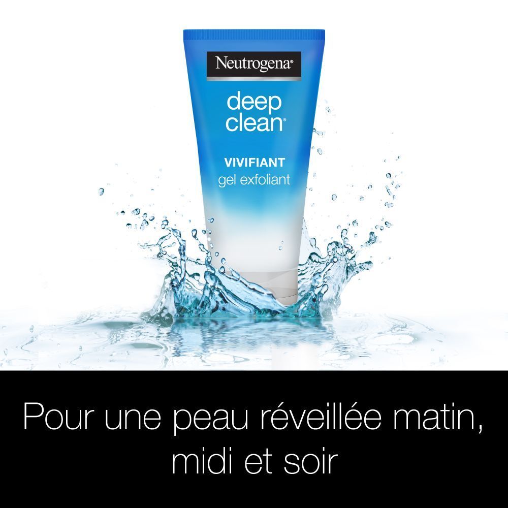 Produit dans l'eau. Texte: Pour une peau réveillée matin, midi et soir.