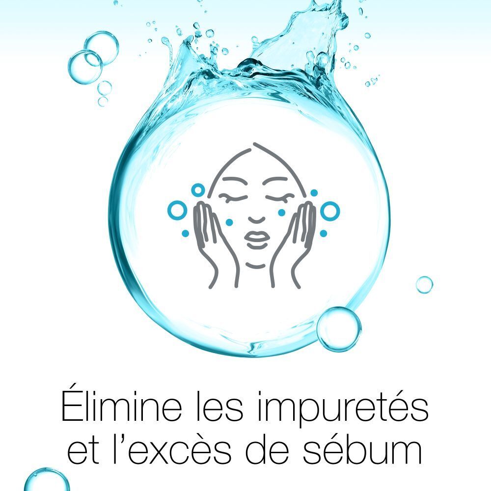 Visage avec mains, entouré d'eau. Texte: Élimine les impuretés et l'excès de sébum.