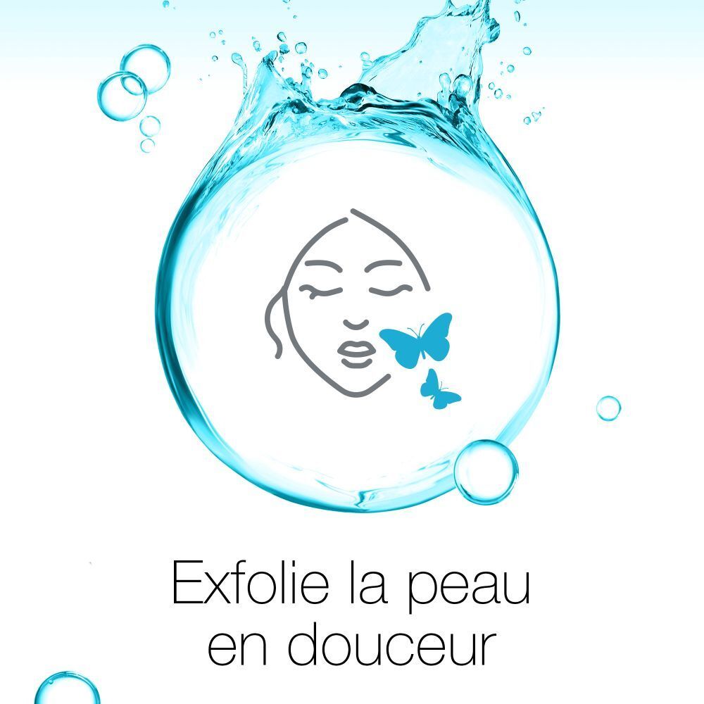 Visage avec papillons, entouré d'eau. Texte: Exfolie la peau en douceur.