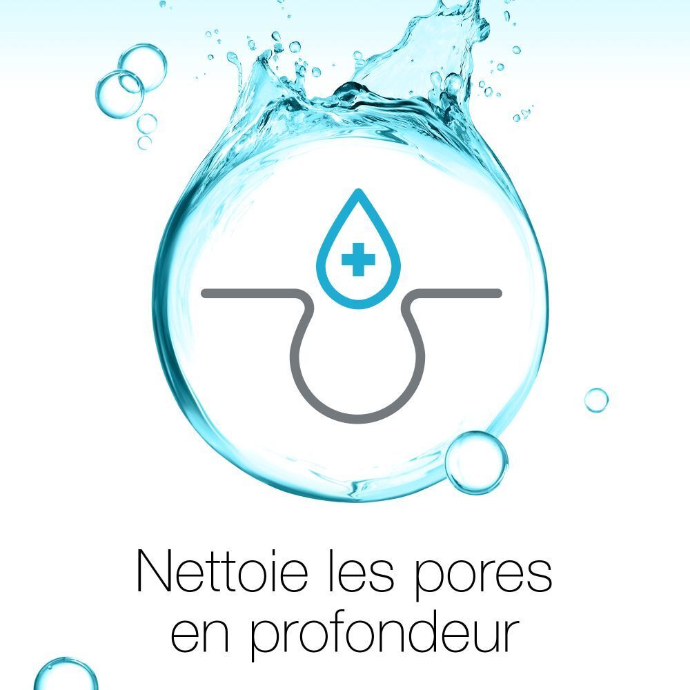 Visage avec pores, entouré d'eau. Texte: Nettoie les pores en profondeur.