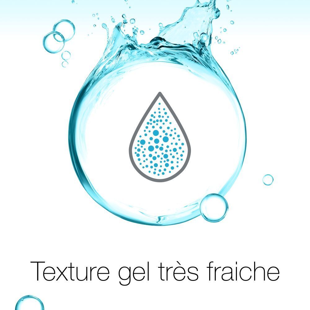 Goutte avec points, entourée d'eau. Texte: Texture gel très fraîche.