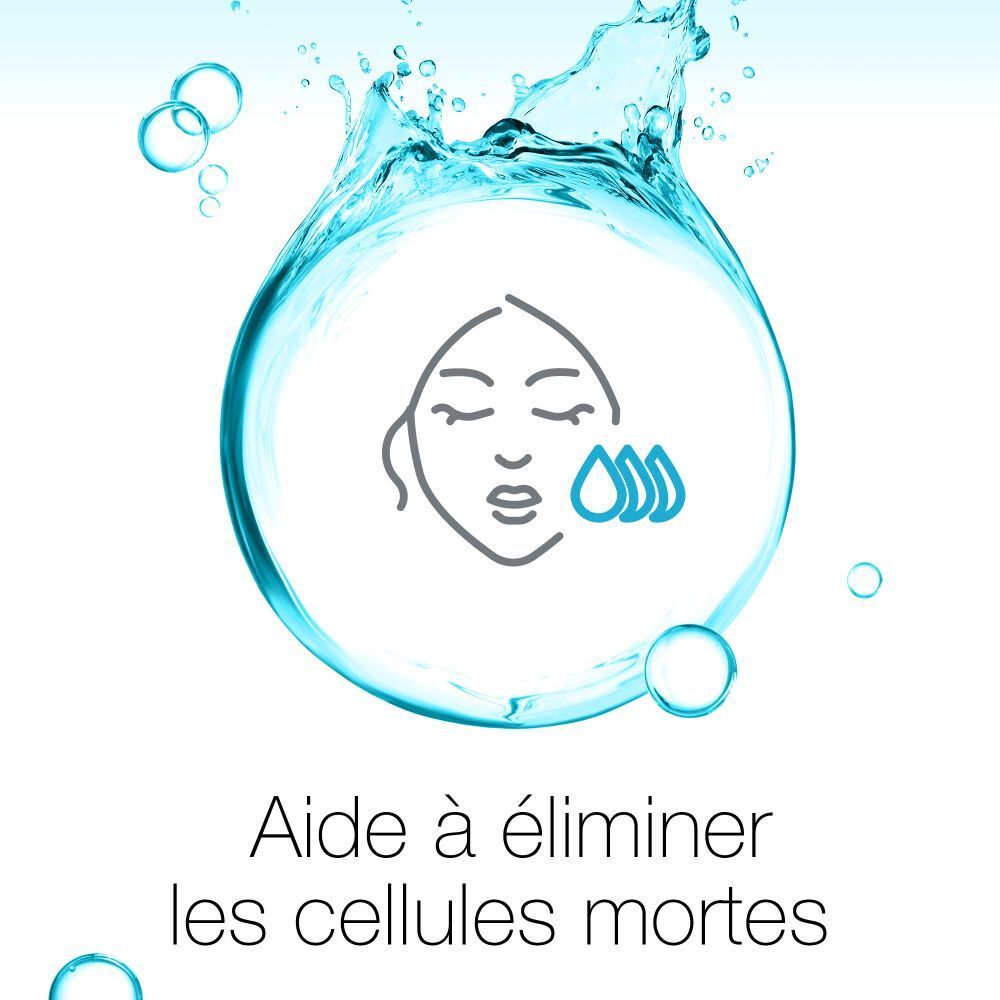 Visage avec gouttes, entouré d'eau. Texte: Aide à éliminer les cellules mortes.