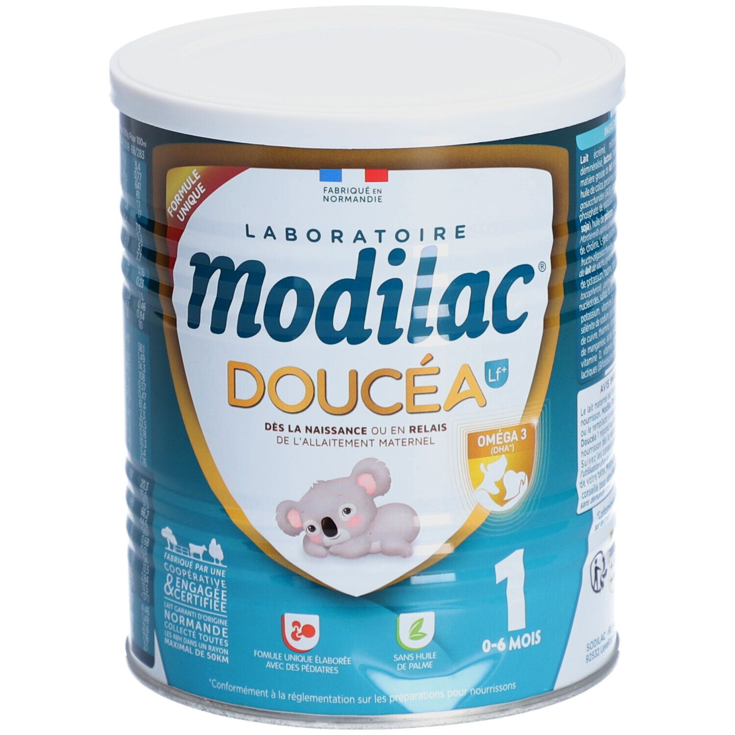 Boîte de lait infantile Modilac Doucéa. Inscription : 1, 0-6 mois. Image d'un koala. Contient Oméga 3.
