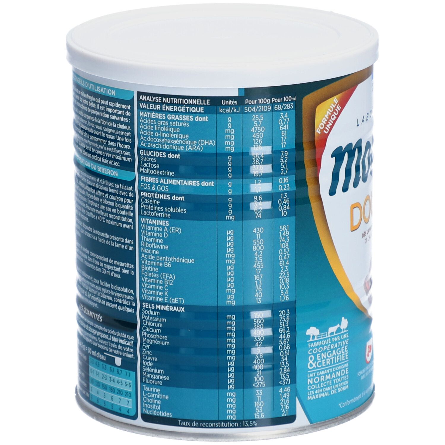 Dos de la boîte de lait infantile. Contient des informations nutritionnelles et un tableau. Marque : Modilac Doucéa.