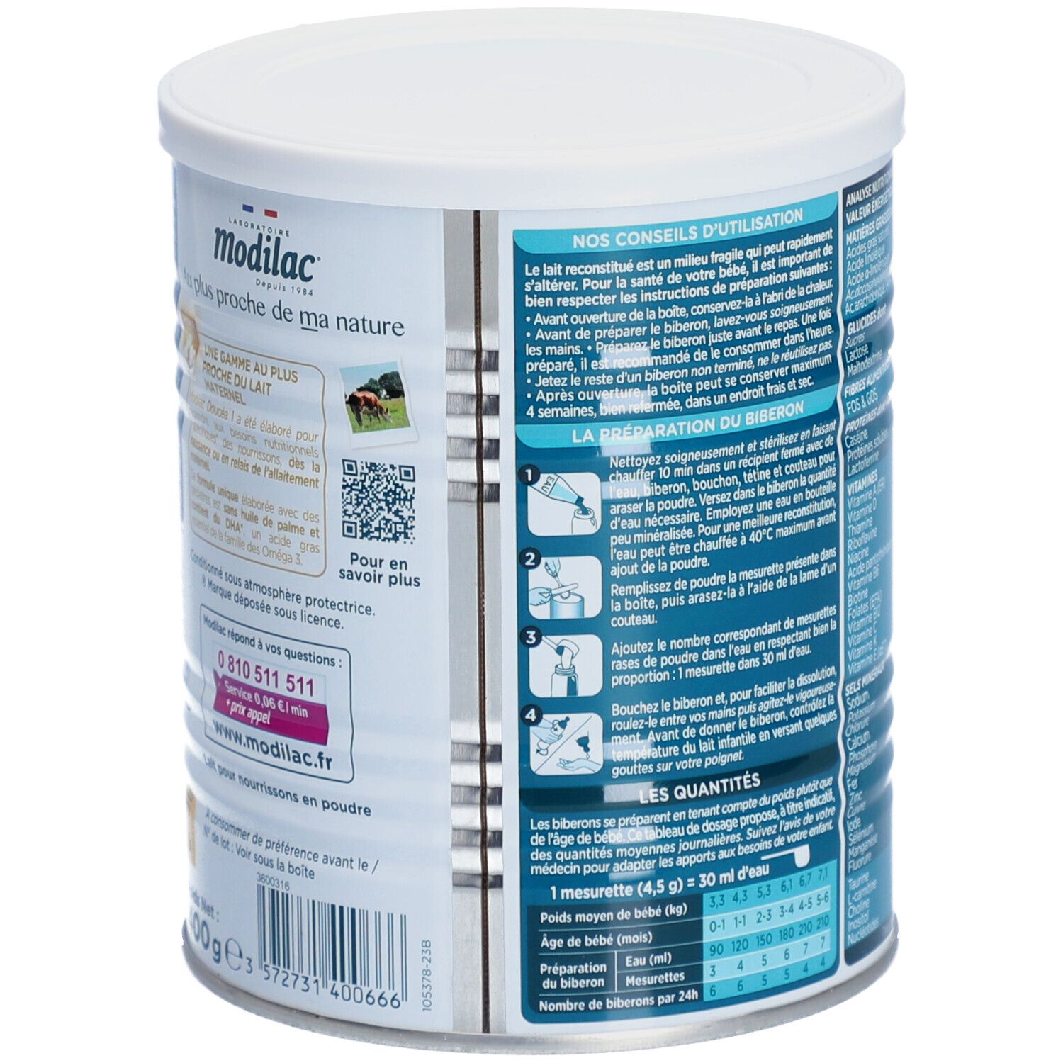 Dos de la boîte de lait infantile. Instructions de préparation et de dosage. Marque : Modilac Doucéa.