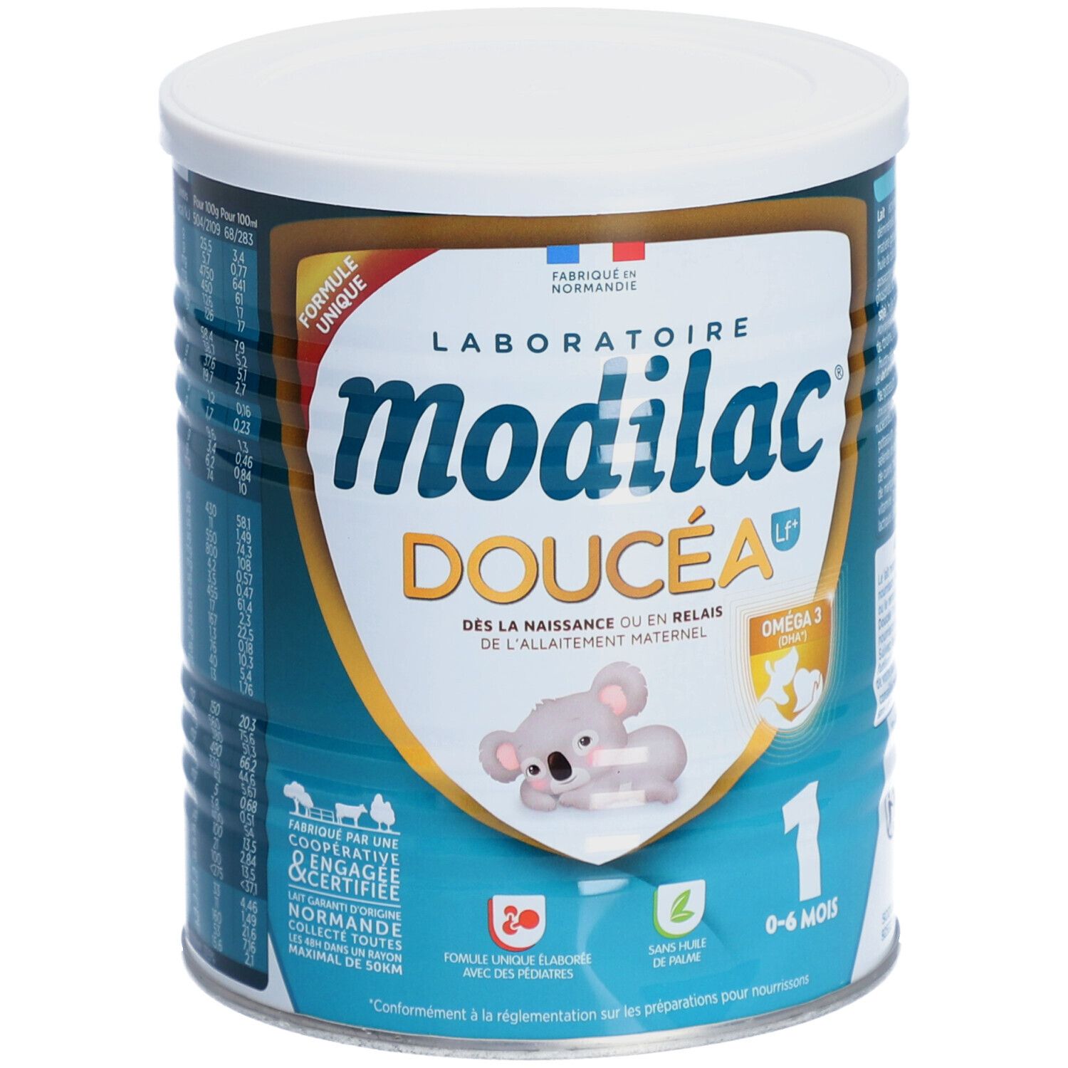 Boîte de lait infantile Modilac Doucéa. Inscription : 1, 0-6 mois. Image d'un koala. Contient Oméga 3.