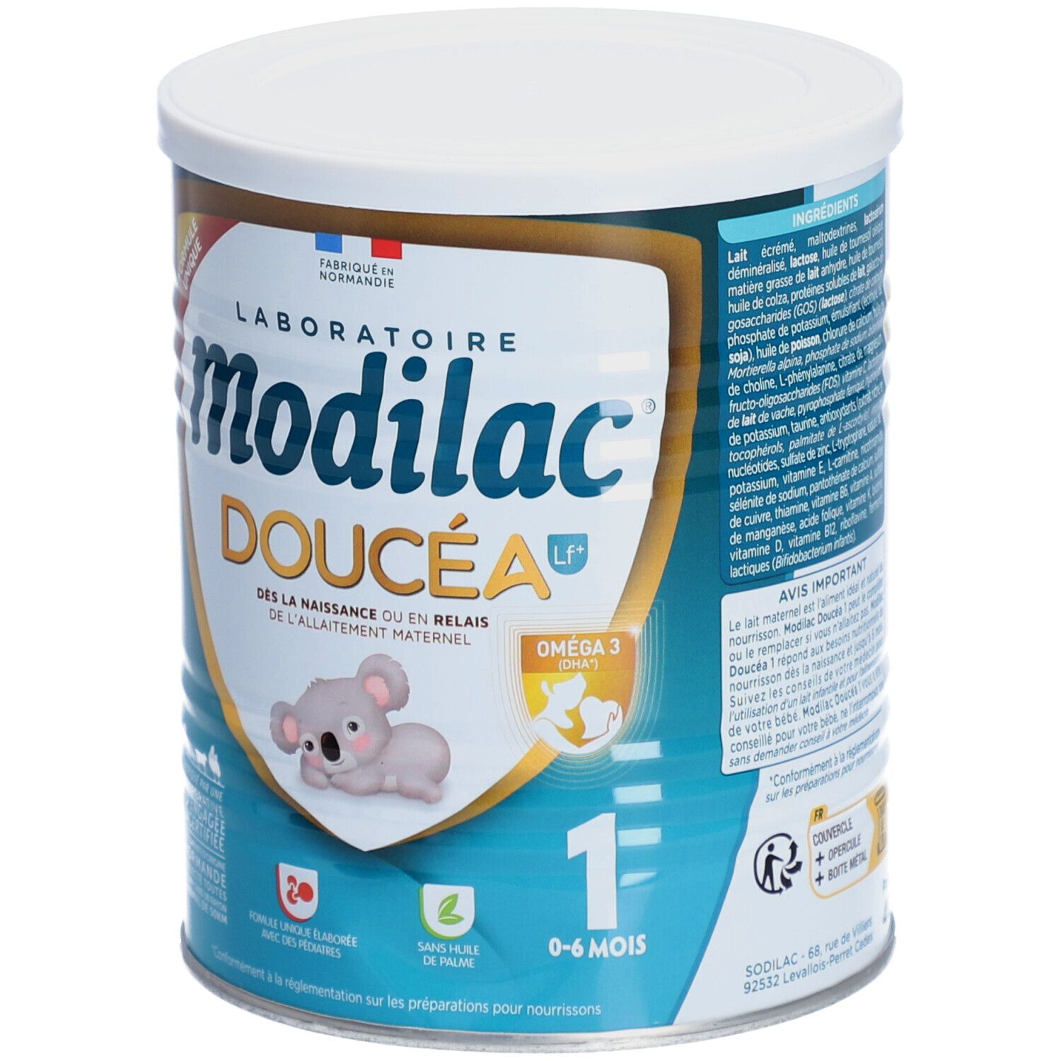 Boîte de lait infantile Modilac Doucéa. Inscription : 1, 0-6 mois. Image d'un koala. Contient Oméga 3.
