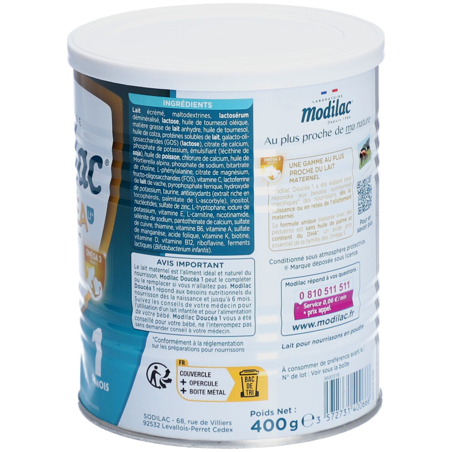 Dos de la boîte de lait infantile. Liste des ingrédients, avertissements et coordonnées. Marque : Modilac Doucéa.