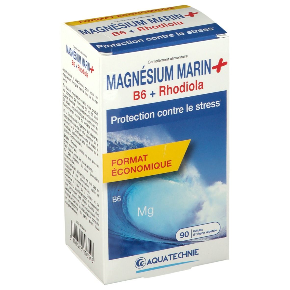 Boîte blanche avec "MAGNÉSIUM MARIN+" et "B6 + Rhodiola". Contient 90 gélules. Marque: AQUATECHNIE. Format économique.