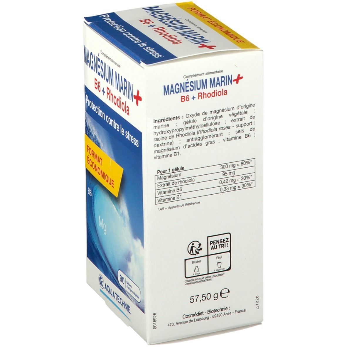 Dos de la boîte blanche avec informations nutritionnelles et ingrédients. Marque: AQUATECHNIE. Poids: 57,50g.