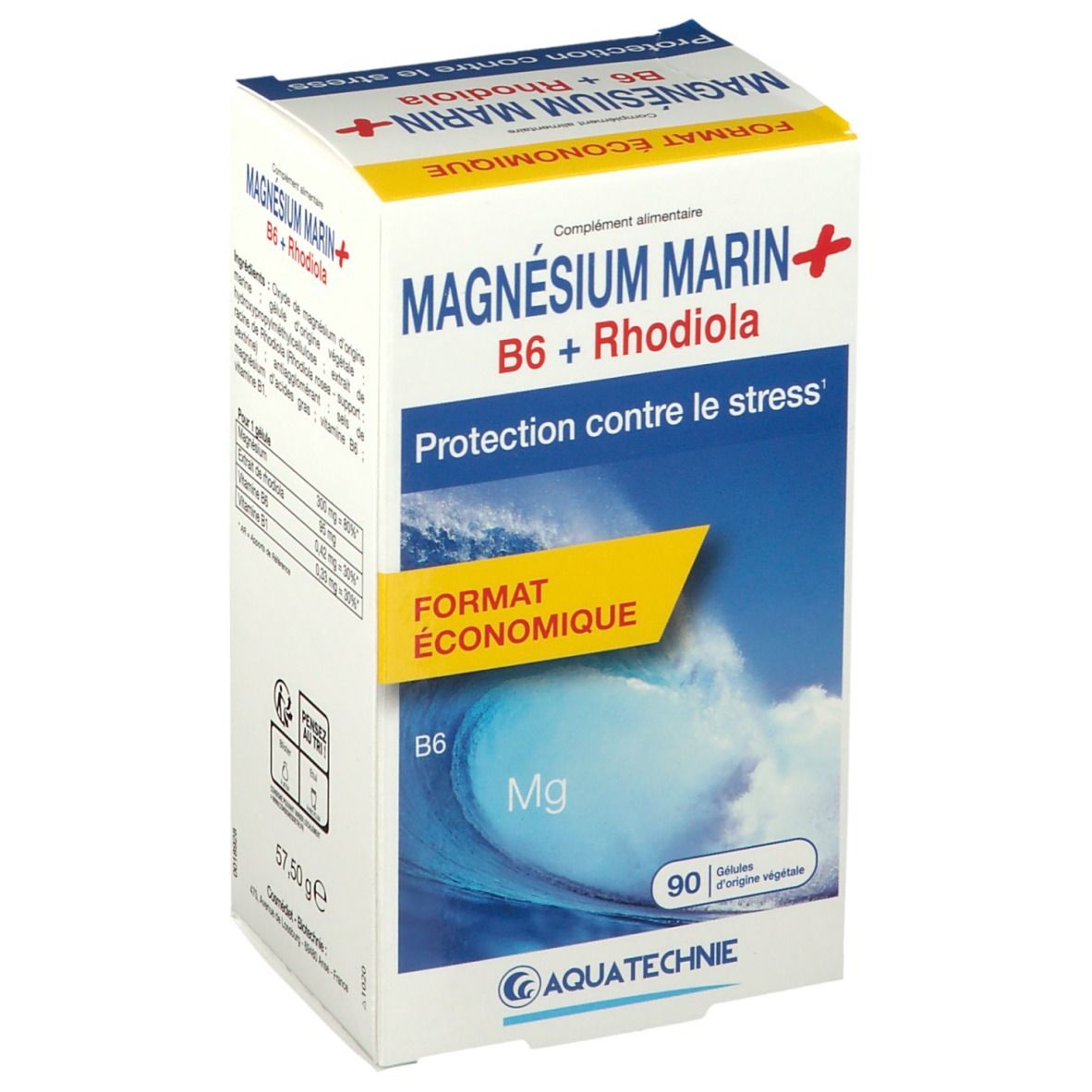 Boîte blanche avec "MAGNÉSIUM MARIN+" et "B6 + Rhodiola". Contient 90 gélules. Marque: AQUATECHNIE. Format économique.