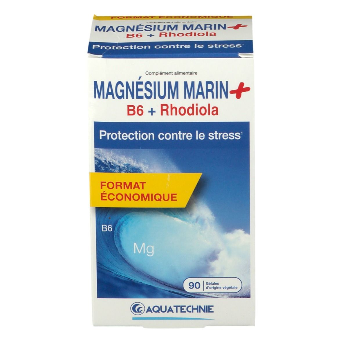 Boîte blanche avec "MAGNÉSIUM MARIN+" et "B6 + Rhodiola". Contient 90 gélules. Marque: AQUATECHNIE. Format économique.