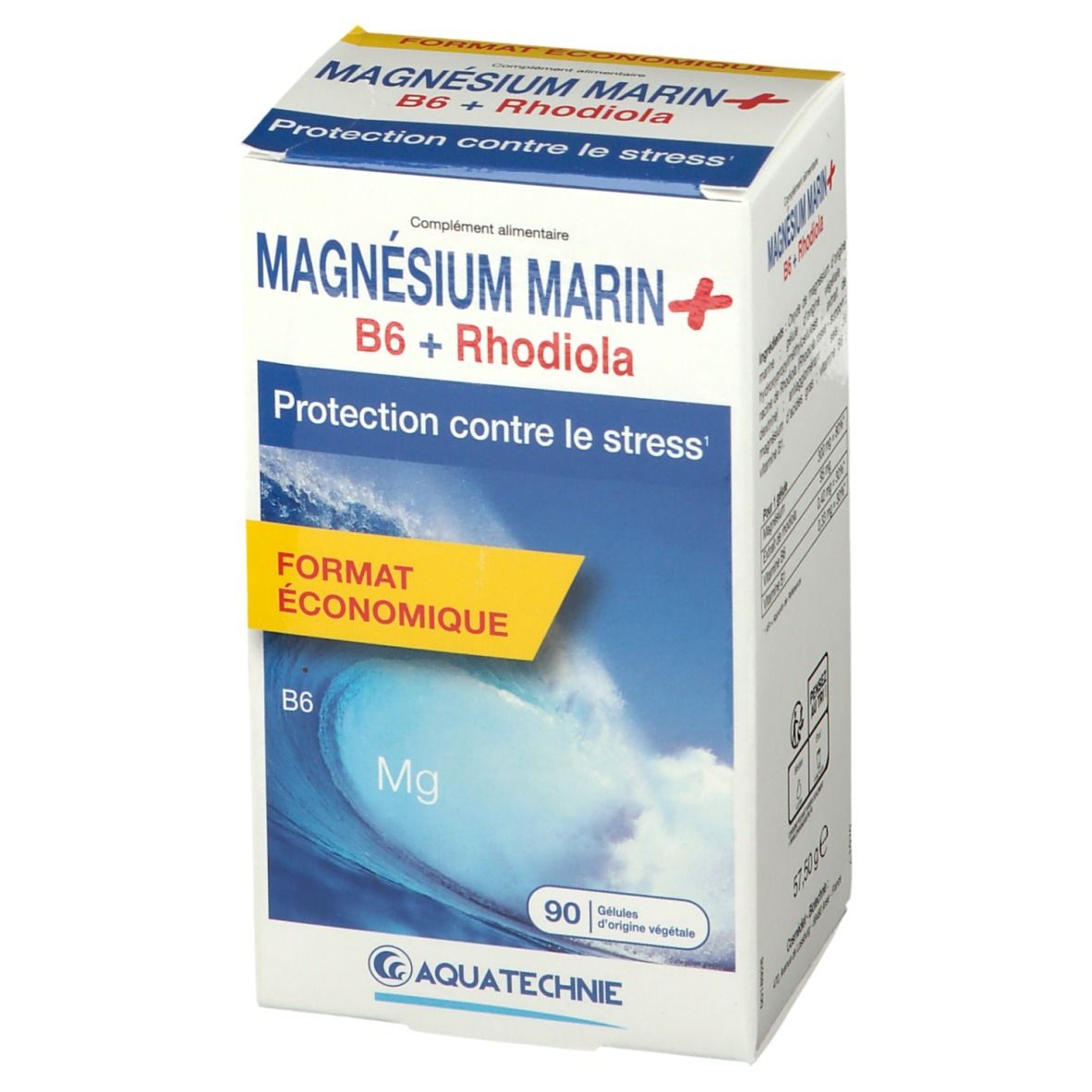Boîte blanche avec "MAGNÉSIUM MARIN+" et "B6 + Rhodiola". Contient 90 gélules. Marque: AQUATECHNIE. Format économique.