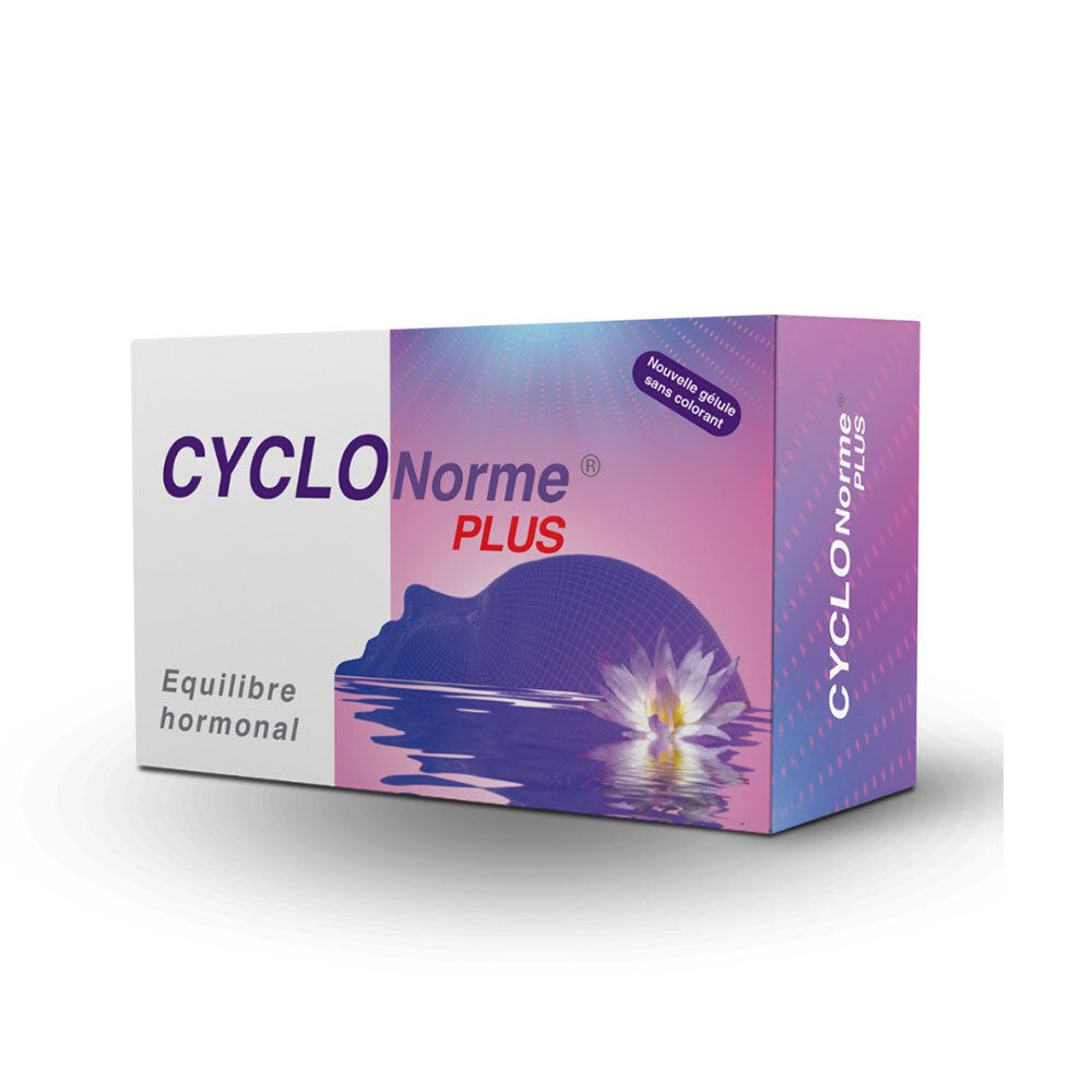 Boîte CYCLONORME Plus. Blanc, violet et rose. Inscription : CYCLONORME Plus, équilibre hormonal.