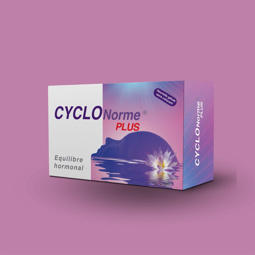 Boîte CYCLONORME Plus. Blanc, violet et rose. Inscription : CYCLONORME Plus, équilibre hormonal. Vue en perspective.
