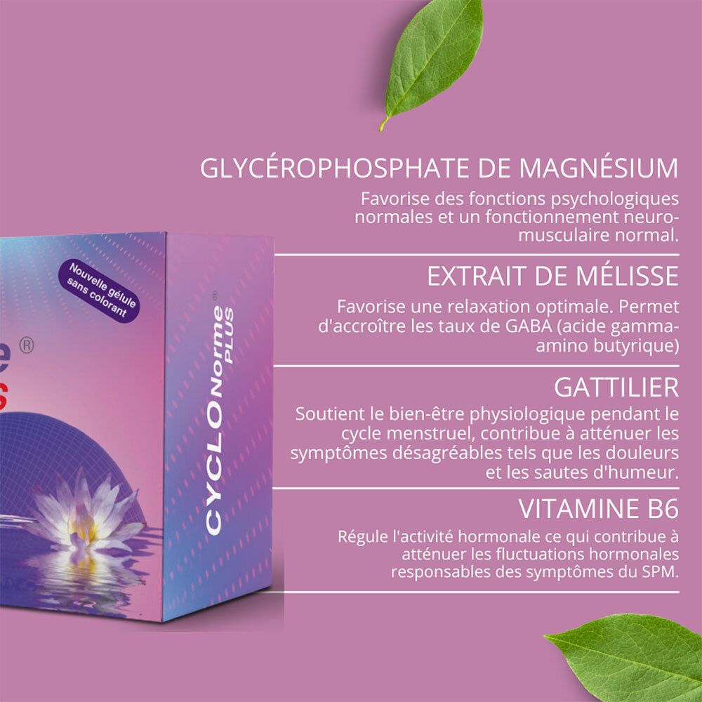 Emballage CYCLONORME Plus. Texte sur les ingrédients et les bienfaits. Vert et rose. Feuilles en arrière-plan.