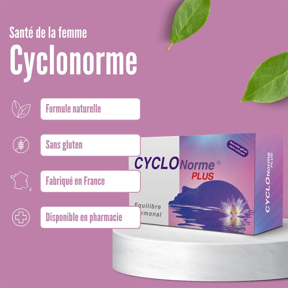Emballage CYCLONORME Plus. Texte sur les avantages. Fond rose. Inscription : CYCLONORME, formule naturelle, sans gluten.